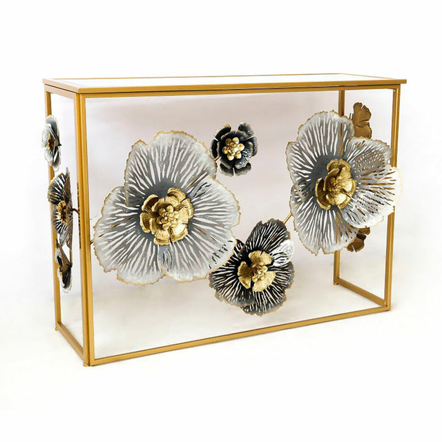 Console DKD Home Decor Miroir Gris Doré Métal Fleurs (15.6 x 46.4 x 80 cm)