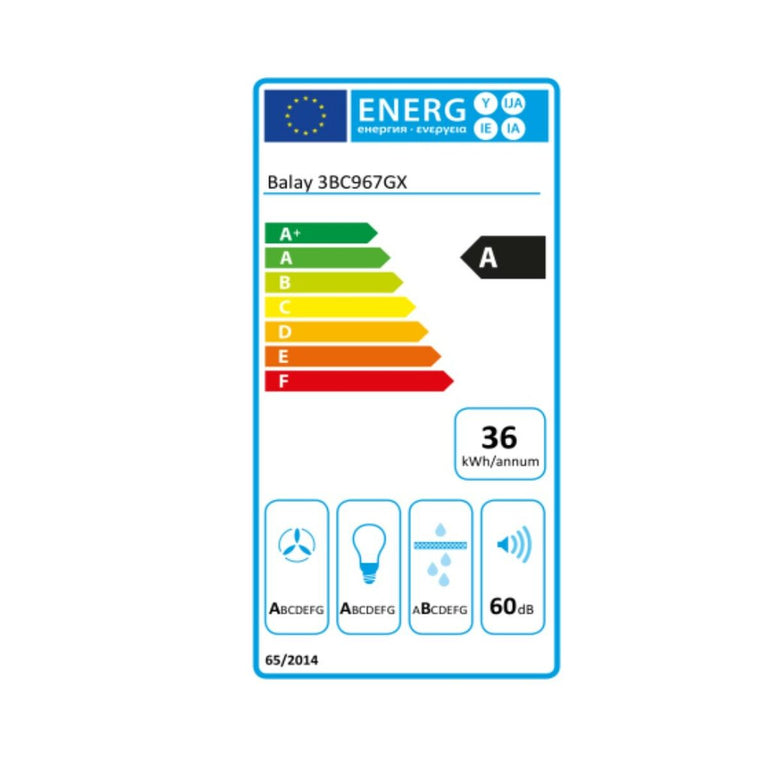 Hotte standard Balay 3BC967GX 60 cm 671 m3/h 140W A Noir Acier