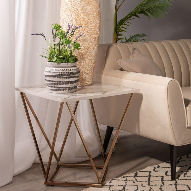 Table d'appoint 56 x 56 x 56 cm Doré Métal Bois Blanc